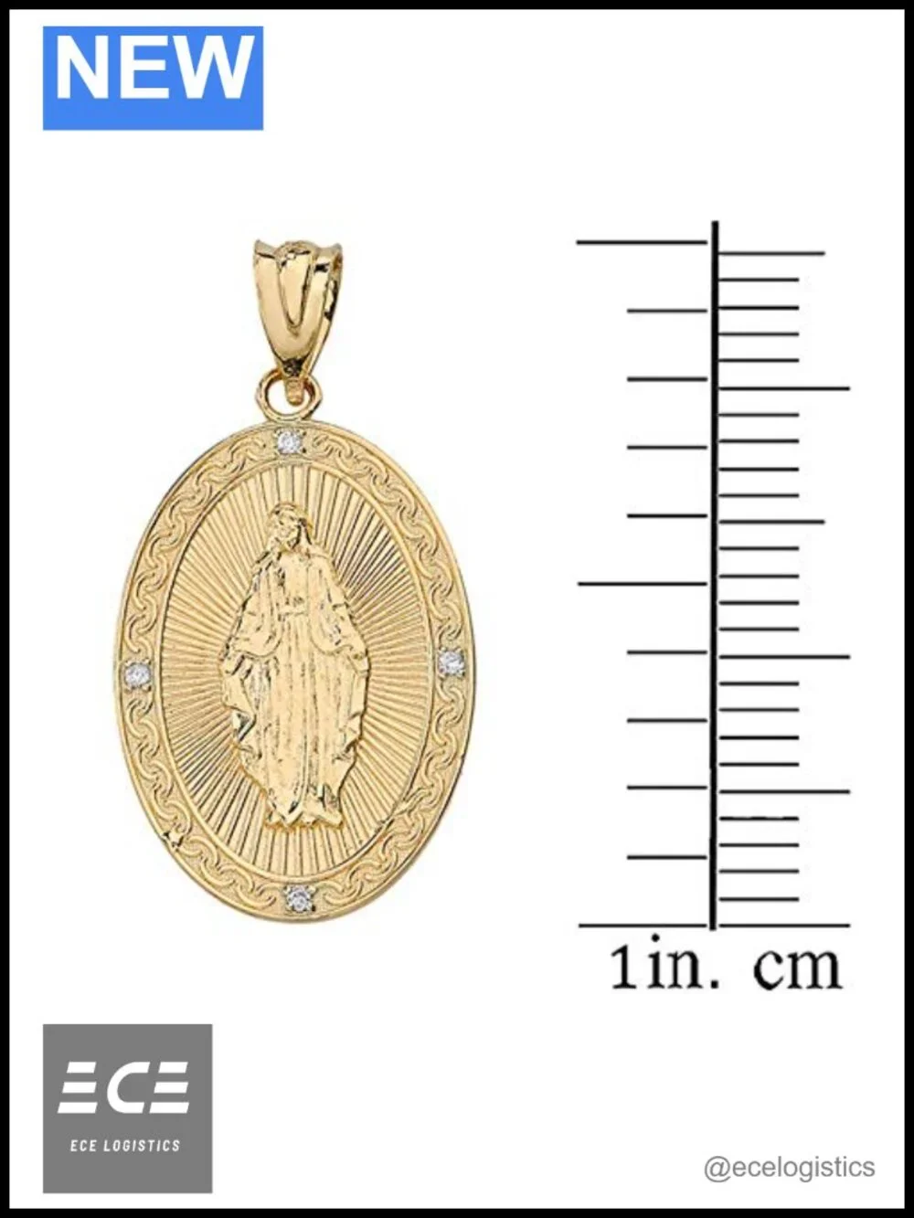 14K Yellow Gold Blessed Virgin Mary Miraculous Oval Medal Diamond Necklace